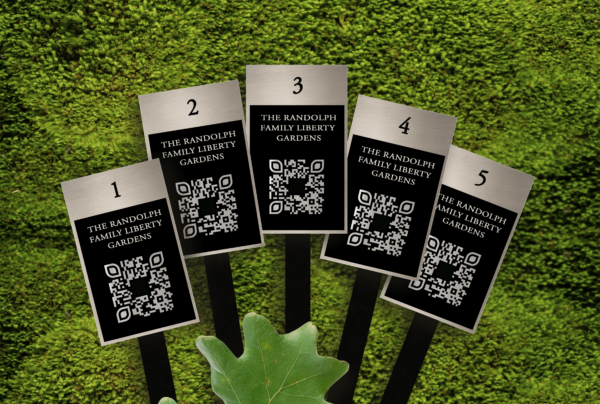 START HERE DELETE 5 brushed aluminum garden signs with stakes.